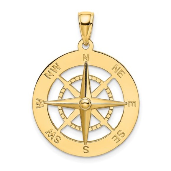 14k Yellow or Rose Gold Nautical Compass Necklace Pendant UNISEX 21.78 x 28.67mm - Picture 1 of 5